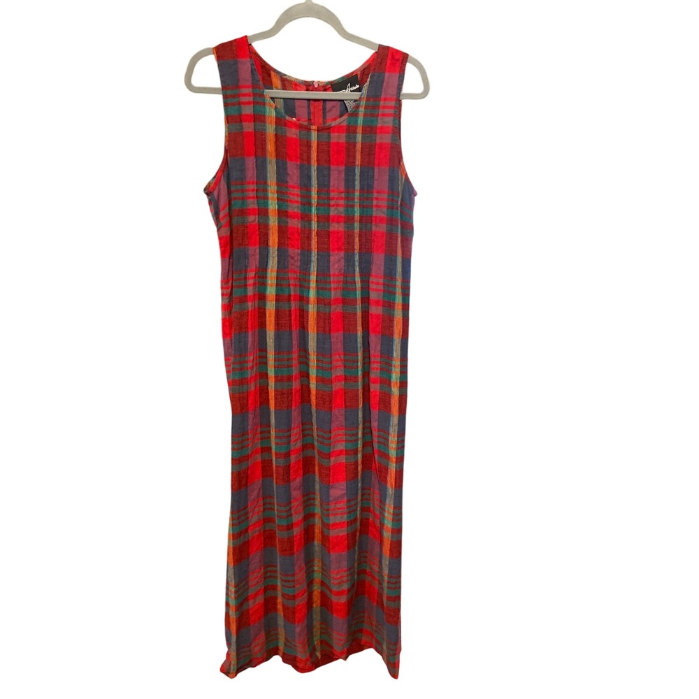 Positive Attitude Womens Red Blue Plaid Linen Blend Pintuck Maxi Dress Size 14
